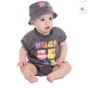 NEW Care Bears Gray Baby Romper and Hat Set with Colorful Print 0-3 Months